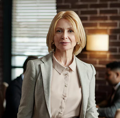 A woman in a light blazer stands confidently in a stylish office with colleagues in the background.